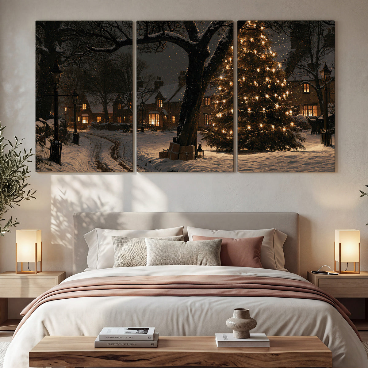 A tall illuminated Christmas tree beneath dark branches beside warmly lit snowy cottages 3 piece canvas wall art displayed in a bedroom