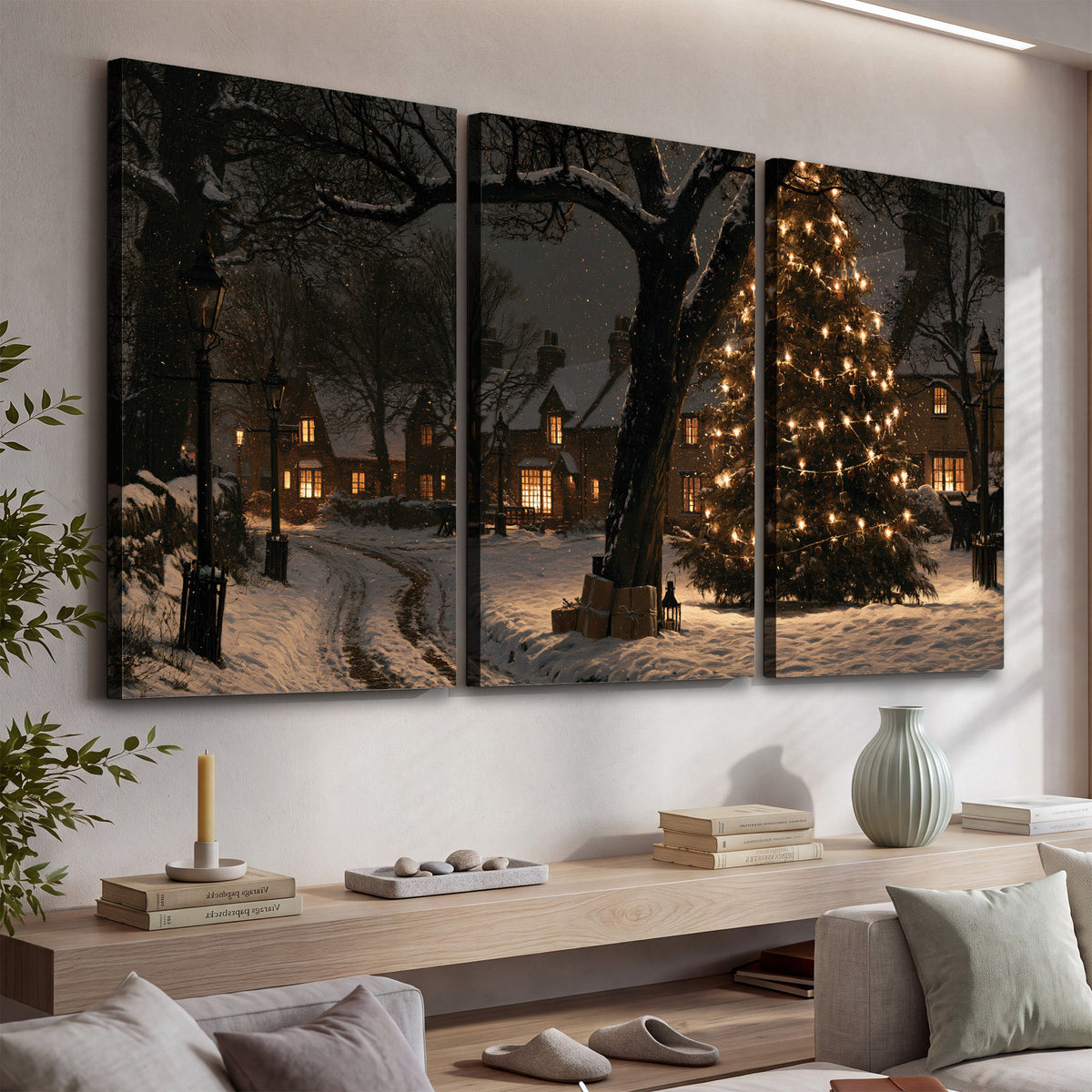 A tall illuminated Christmas tree beneath dark branches beside warmly lit snowy cottages 3 piece canvas wall art displayed in a console
