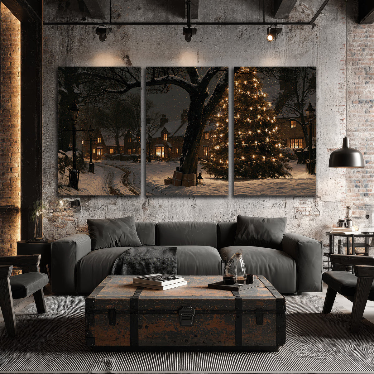 A tall illuminated Christmas tree beneath dark branches beside warmly lit snowy cottages 3 piece canvas wall art displayed in a industrial room