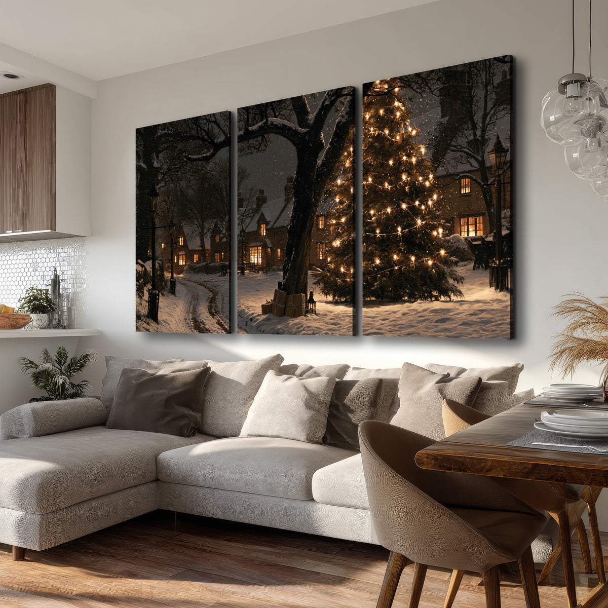 A tall illuminated Christmas tree beneath dark branches beside warmly lit snowy cottages 3 piece canvas wall art room and product view