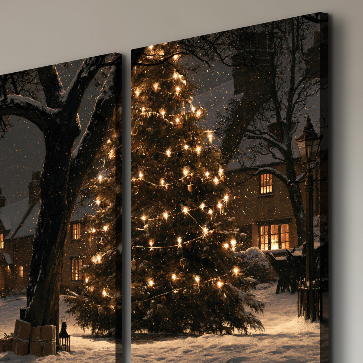 A tall illuminated Christmas tree beneath dark branches beside warmly lit snowy cottages 3 piece canvas wall art room and product view
