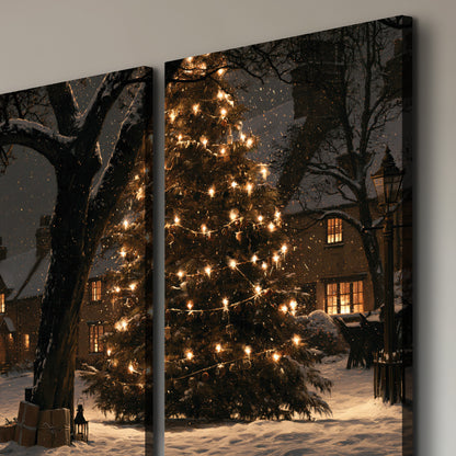 A tall illuminated Christmas tree beneath dark branches beside warmly lit snowy cottages 3 piece canvas wall art room and product view
