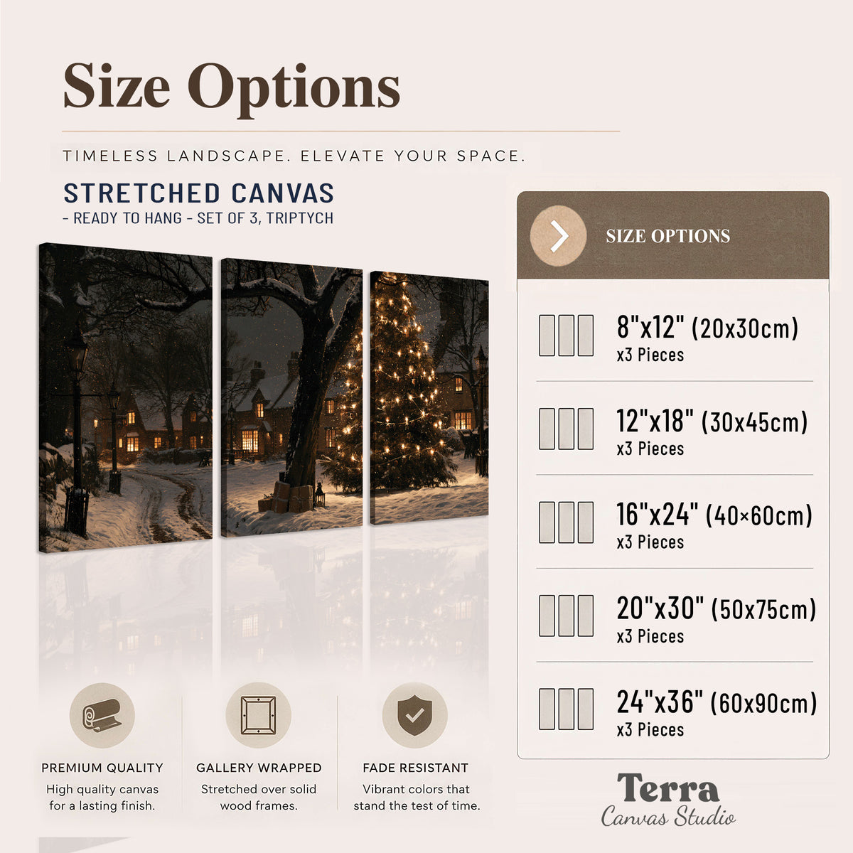 A tall illuminated Christmas tree beneath dark branches beside warmly lit snowy cottages 3 piece canvas wall art available dimensions; triptych dimensions are per panel