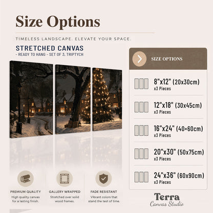 A tall illuminated Christmas tree beneath dark branches beside warmly lit snowy cottages 3 piece canvas wall art available dimensions; triptych dimensions are per panel