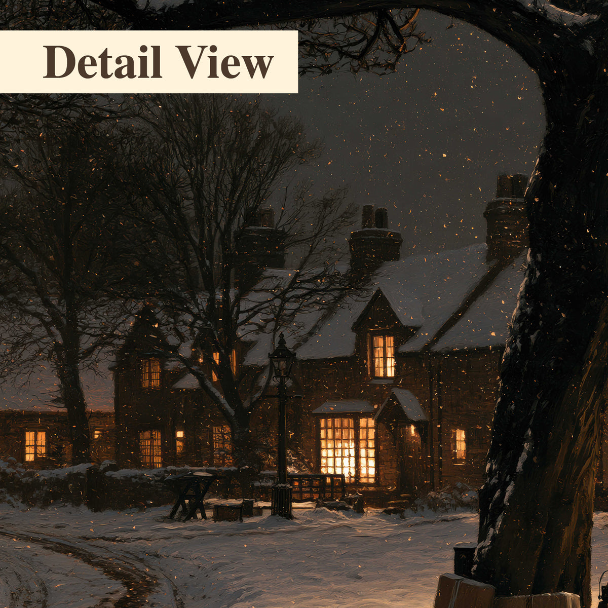 A tall illuminated Christmas tree beneath dark branches beside warmly lit snowy cottages 3 piece canvas wall art artwork detail close up