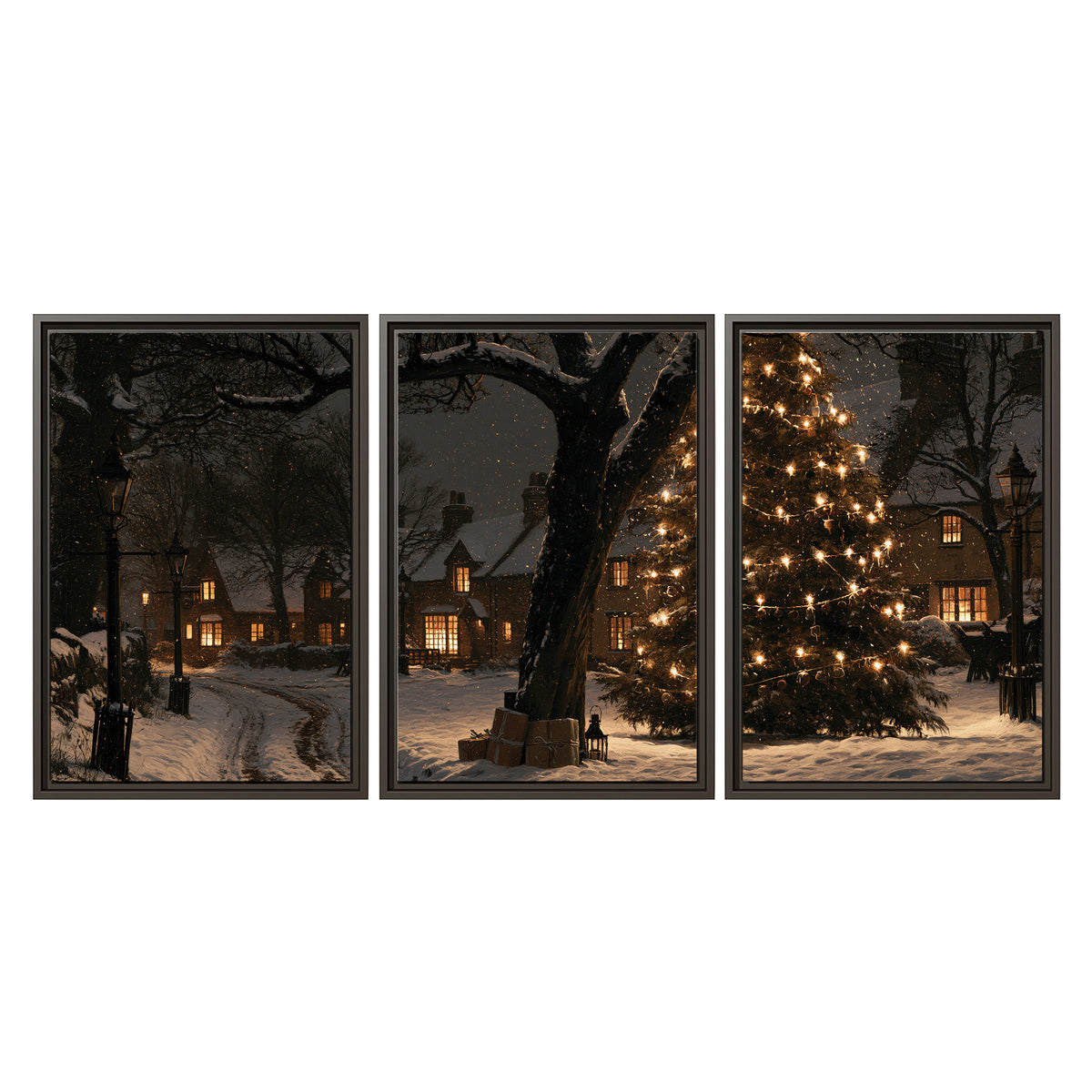 A tall illuminated Christmas tree beneath dark branches beside warmly lit snowy cottages 3 piece framed canvas wall art viewed straight on
