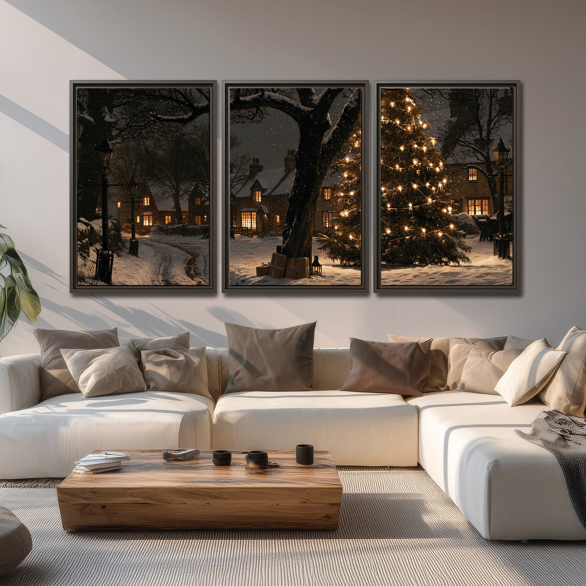 A tall illuminated Christmas tree beneath dark branches beside warmly lit snowy cottages 3 piece framed canvas wall art displayed in a living room