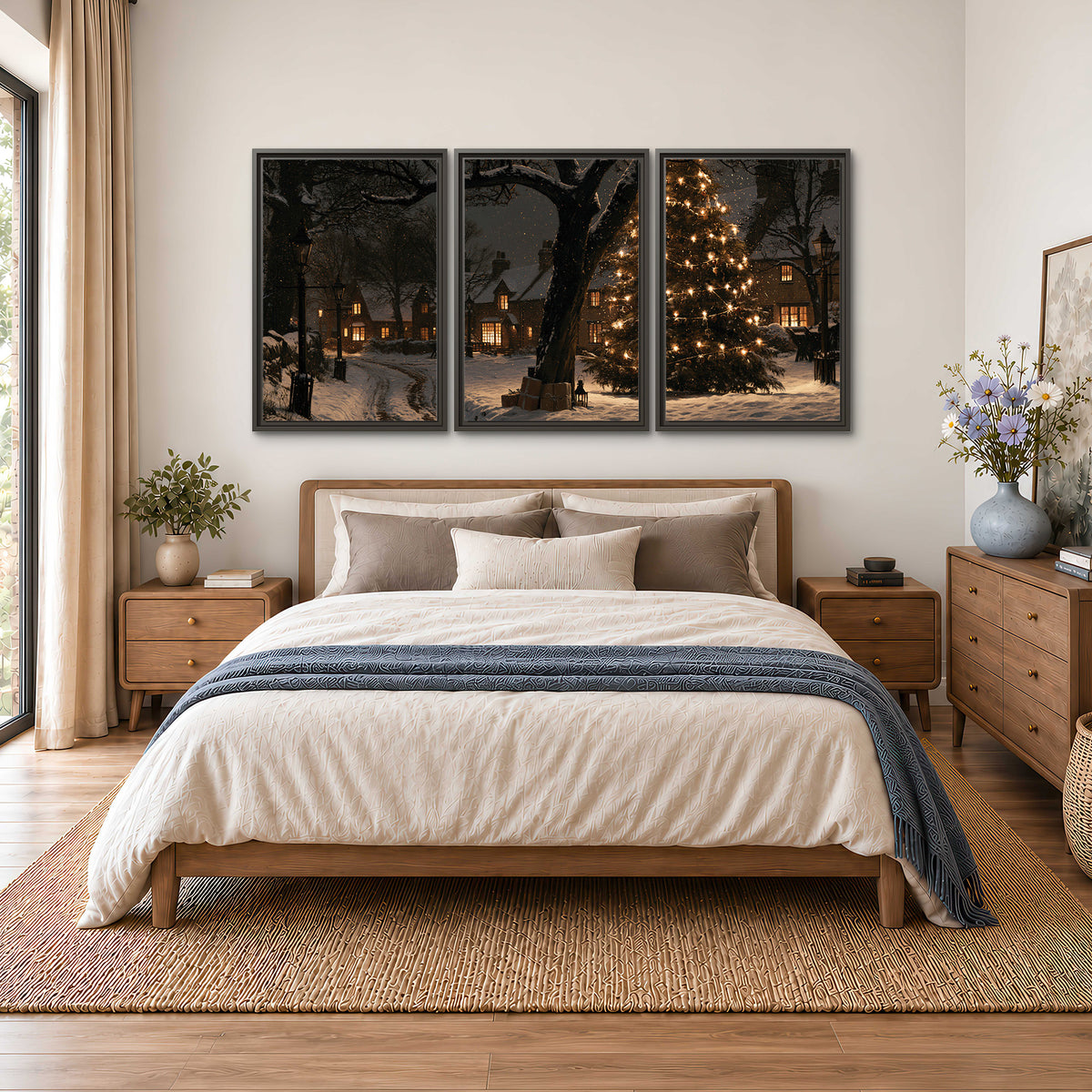 A tall illuminated Christmas tree beneath dark branches beside warmly lit snowy cottages 3 piece framed canvas wall art styled in an interior