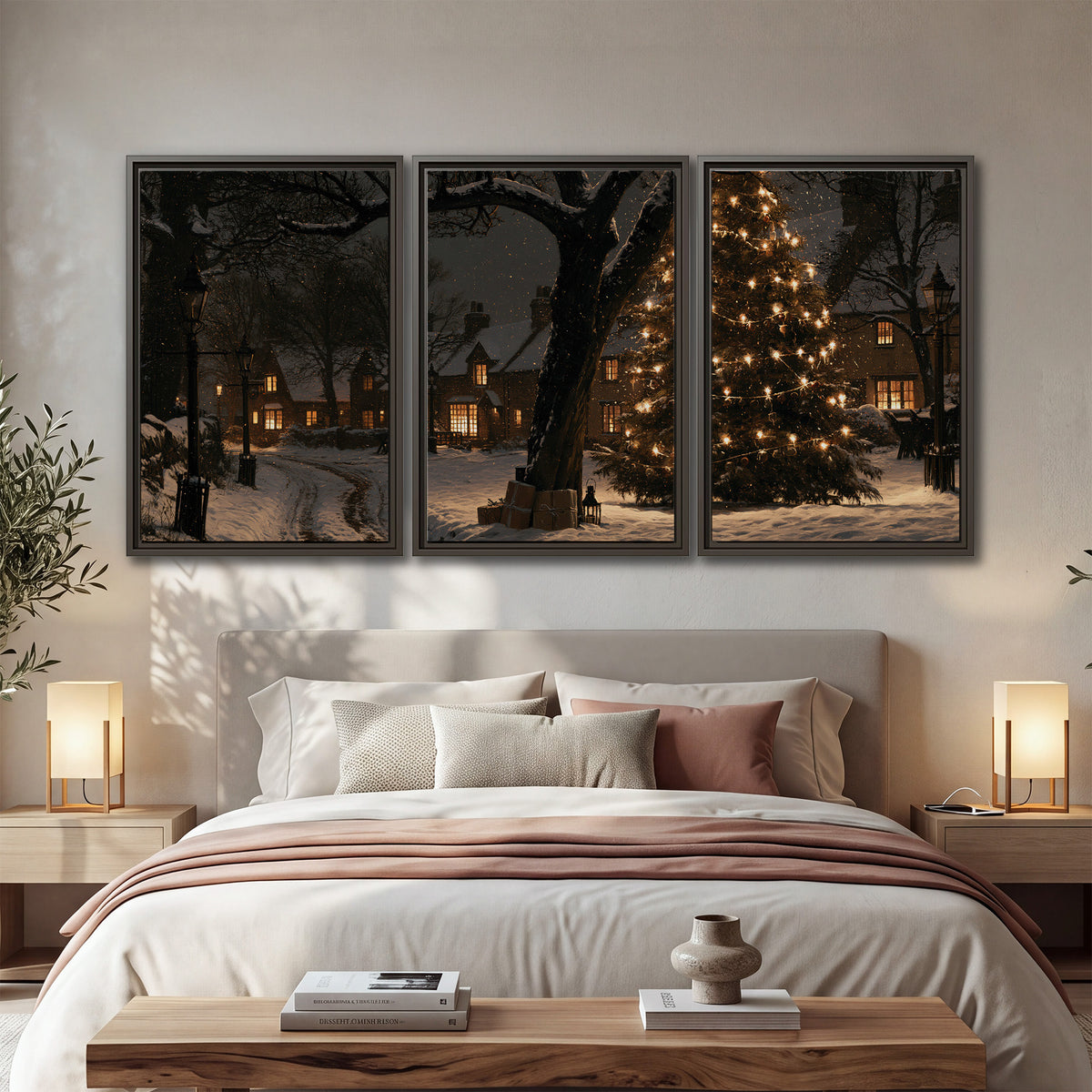 A tall illuminated Christmas tree beneath dark branches beside warmly lit snowy cottages 3 piece framed canvas wall art displayed in a bedroom