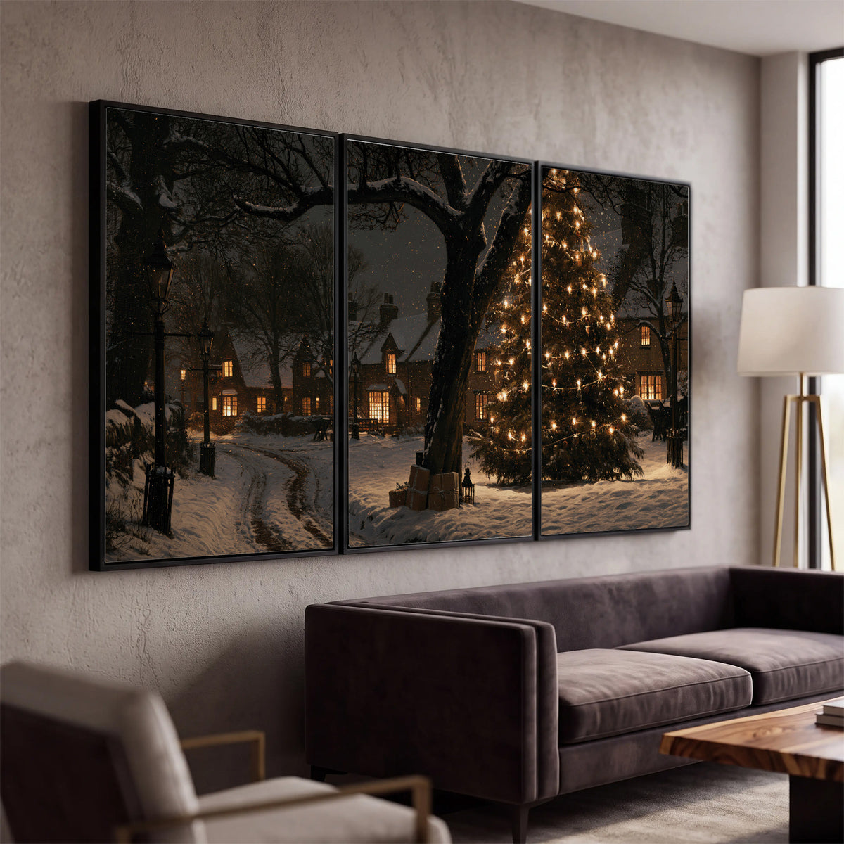 A tall illuminated Christmas tree beneath dark branches beside warmly lit snowy cottages 3 piece framed canvas wall art displayed in a modern living room