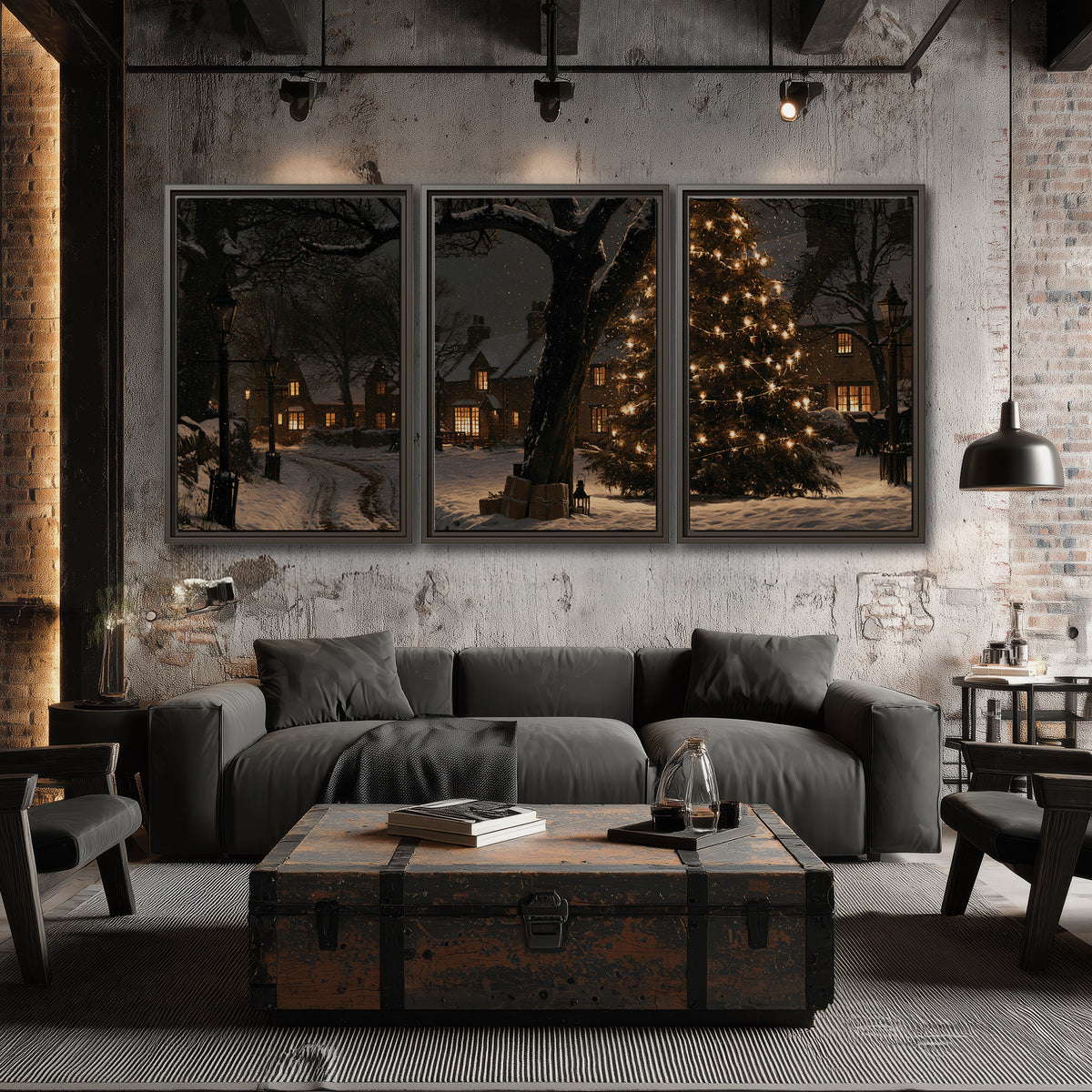 A tall illuminated Christmas tree beneath dark branches beside warmly lit snowy cottages 3 piece framed canvas wall art displayed in a industrial room