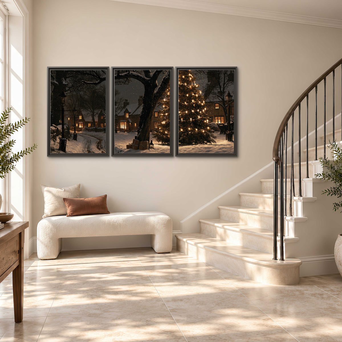 A tall illuminated Christmas tree beneath dark branches beside warmly lit snowy cottages 3 piece framed canvas wall art styled in an interior