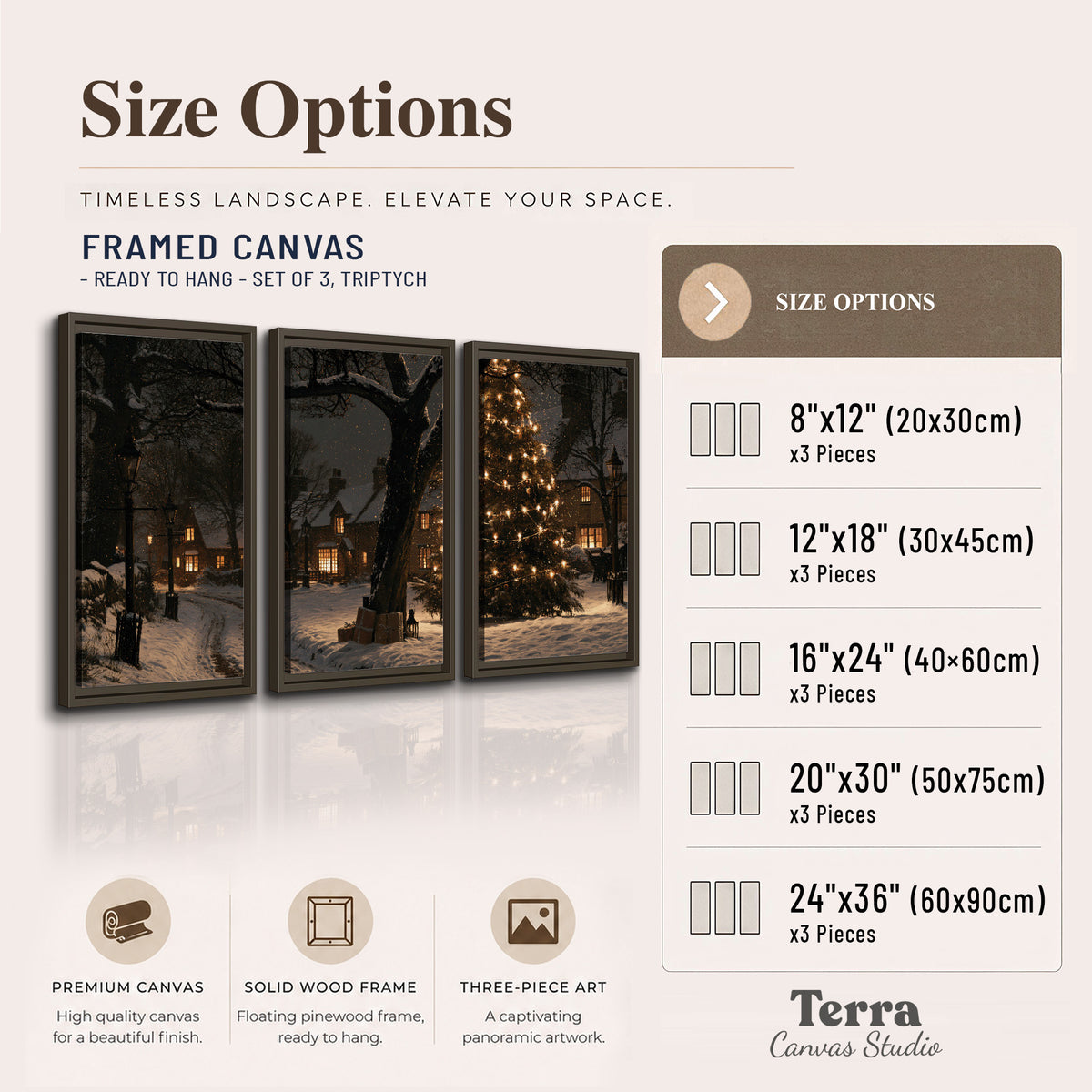 A tall illuminated Christmas tree beneath dark branches beside warmly lit snowy cottages 3 piece framed canvas wall art available dimensions; triptych dimensions are per panel