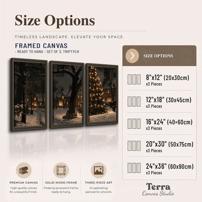 A tall illuminated Christmas tree beneath dark branches beside warmly lit snowy cottages 3 piece framed canvas wall art available dimensions; triptych dimensions are per panel