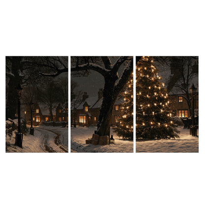 A tall illuminated Christmas tree beneath dark branches beside warmly lit snowy cottages set of 3 poster prints viewed straight on