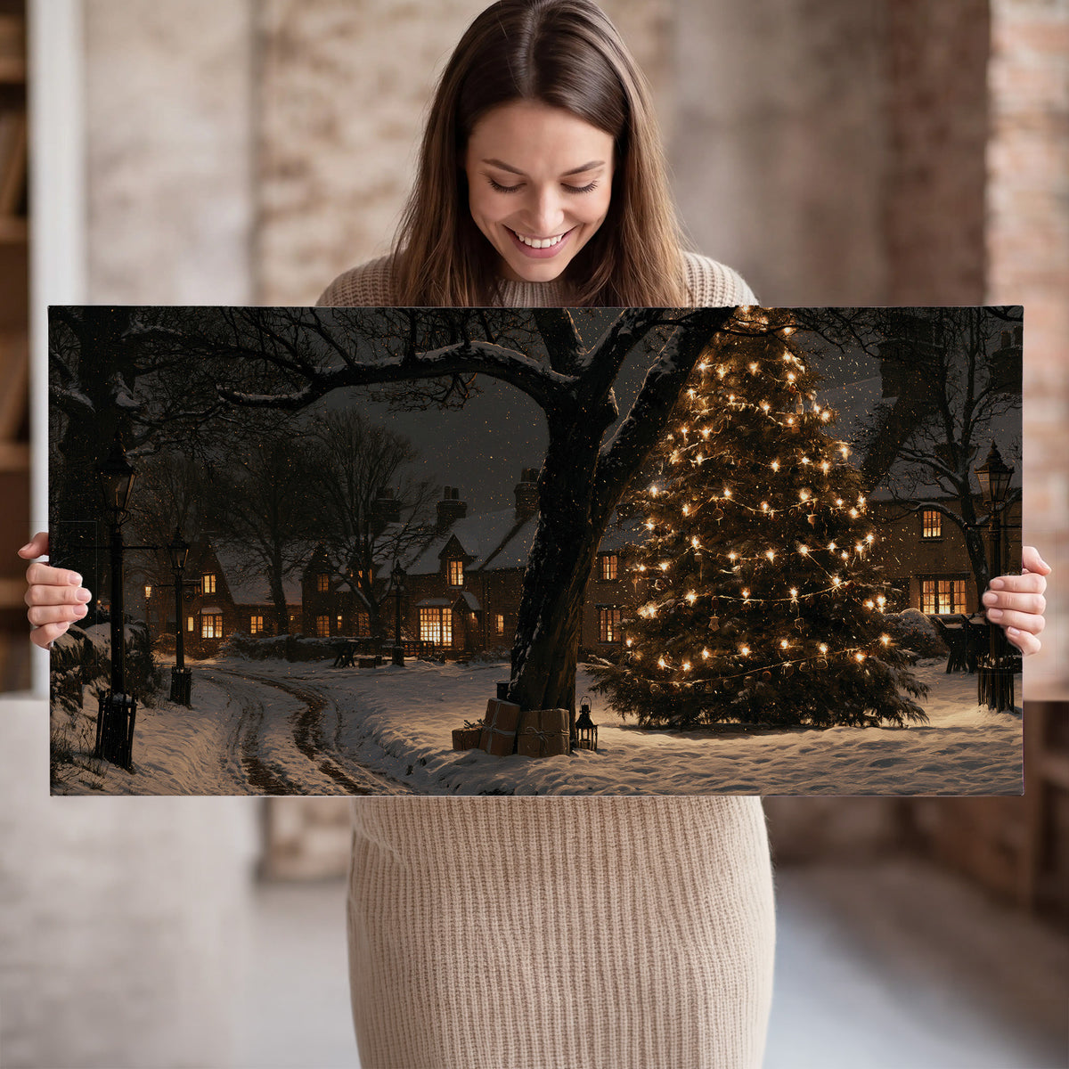 A tall illuminated Christmas tree beneath dark branches beside warmly lit snowy cottages single canvas wall art held in hands
