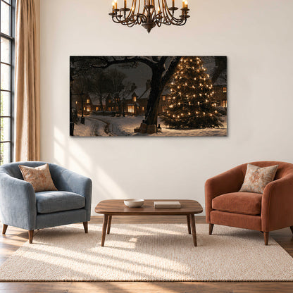 A tall illuminated Christmas tree beneath dark branches beside warmly lit snowy cottages single canvas wall art styled in an interior