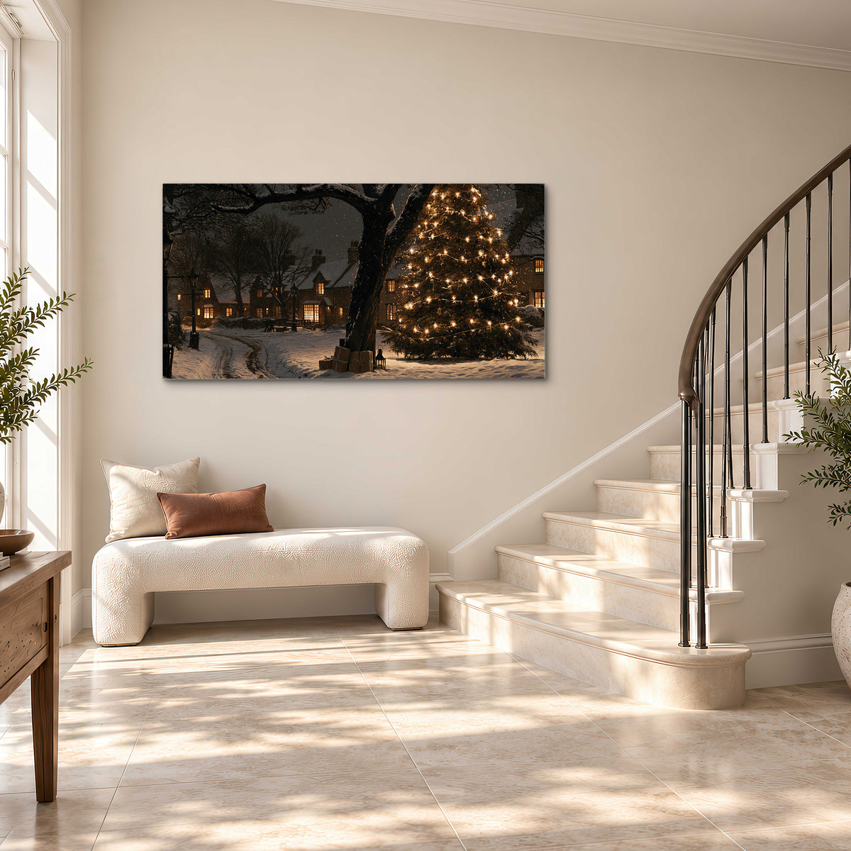 A tall illuminated Christmas tree beneath dark branches beside warmly lit snowy cottages single canvas wall art styled in an interior