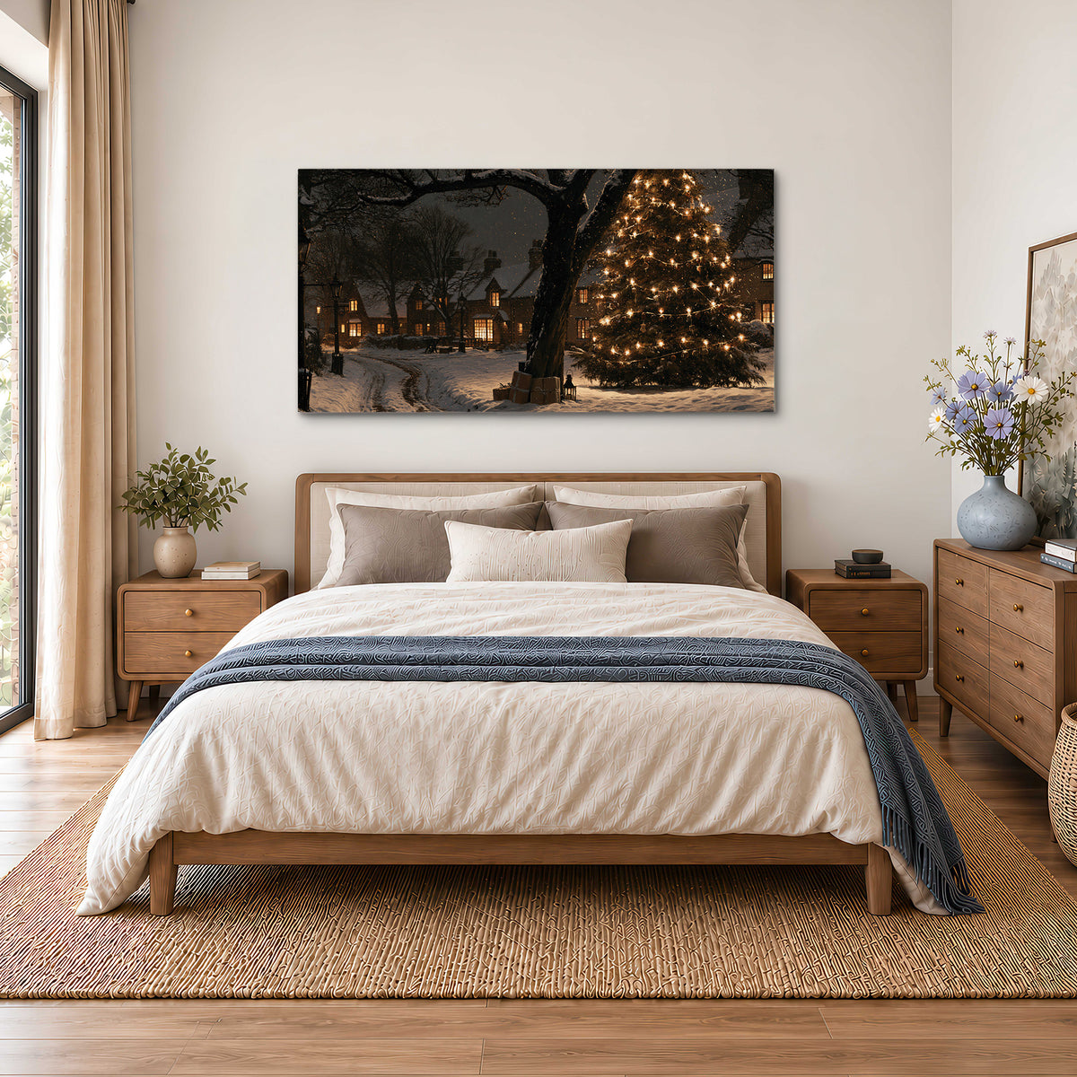 A tall illuminated Christmas tree beneath dark branches beside warmly lit snowy cottages single canvas wall art styled in an interior