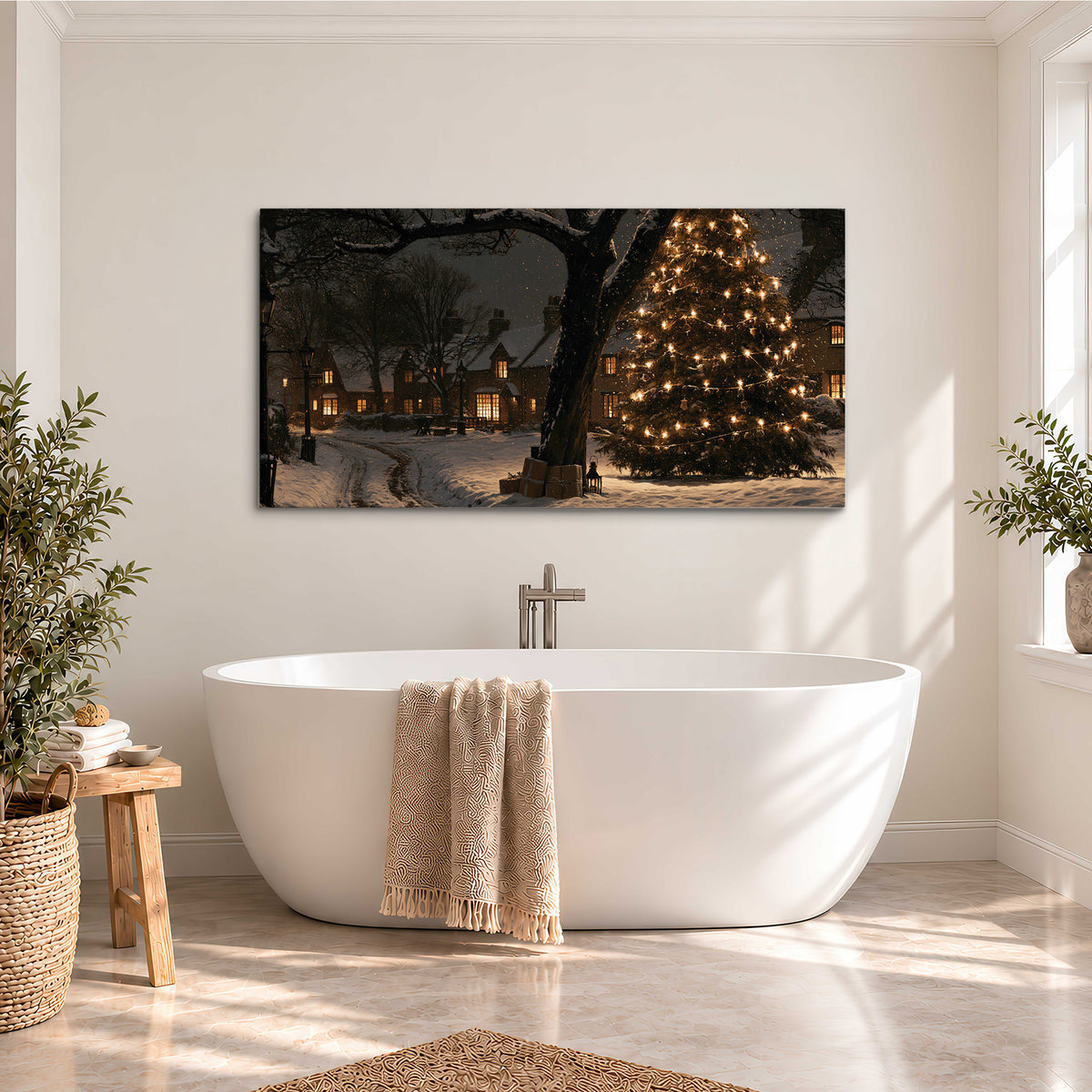 A tall illuminated Christmas tree beneath dark branches beside warmly lit snowy cottages single canvas wall art styled in an interior