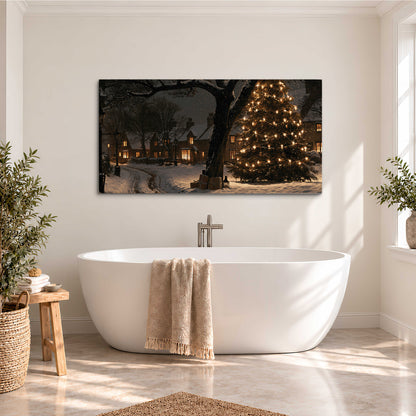 A tall illuminated Christmas tree beneath dark branches beside warmly lit snowy cottages single canvas wall art styled in an interior