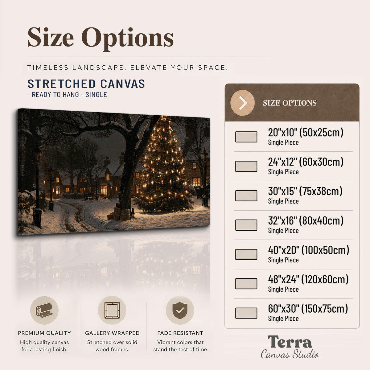 A tall illuminated Christmas tree beneath dark branches beside warmly lit snowy cottages single canvas wall art available dimensions