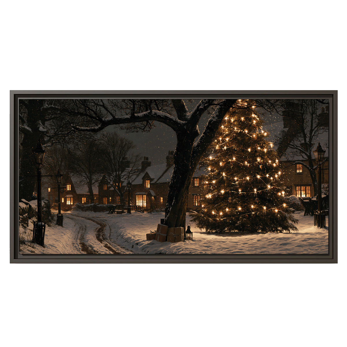 A tall illuminated Christmas tree beneath dark branches beside warmly lit snowy cottages single framed canvas wall art viewed straight on