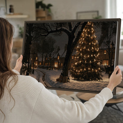 A tall illuminated Christmas tree beneath dark branches beside warmly lit snowy cottages single framed canvas wall art held in hands