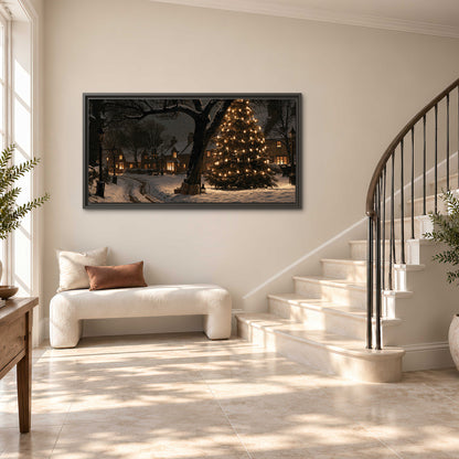 A tall illuminated Christmas tree beneath dark branches beside warmly lit snowy cottages single framed canvas wall art styled in an interior