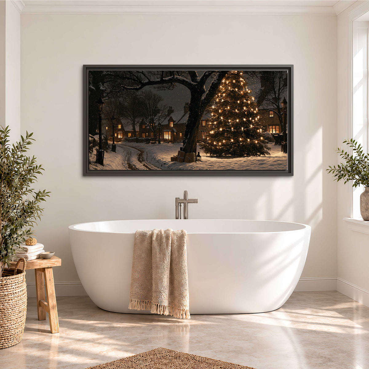 A tall illuminated Christmas tree beneath dark branches beside warmly lit snowy cottages single framed canvas wall art styled in an interior