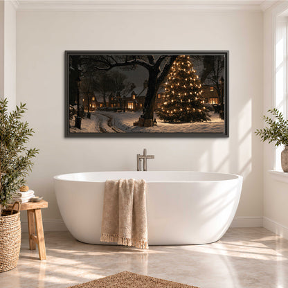 A tall illuminated Christmas tree beneath dark branches beside warmly lit snowy cottages single framed canvas wall art styled in an interior