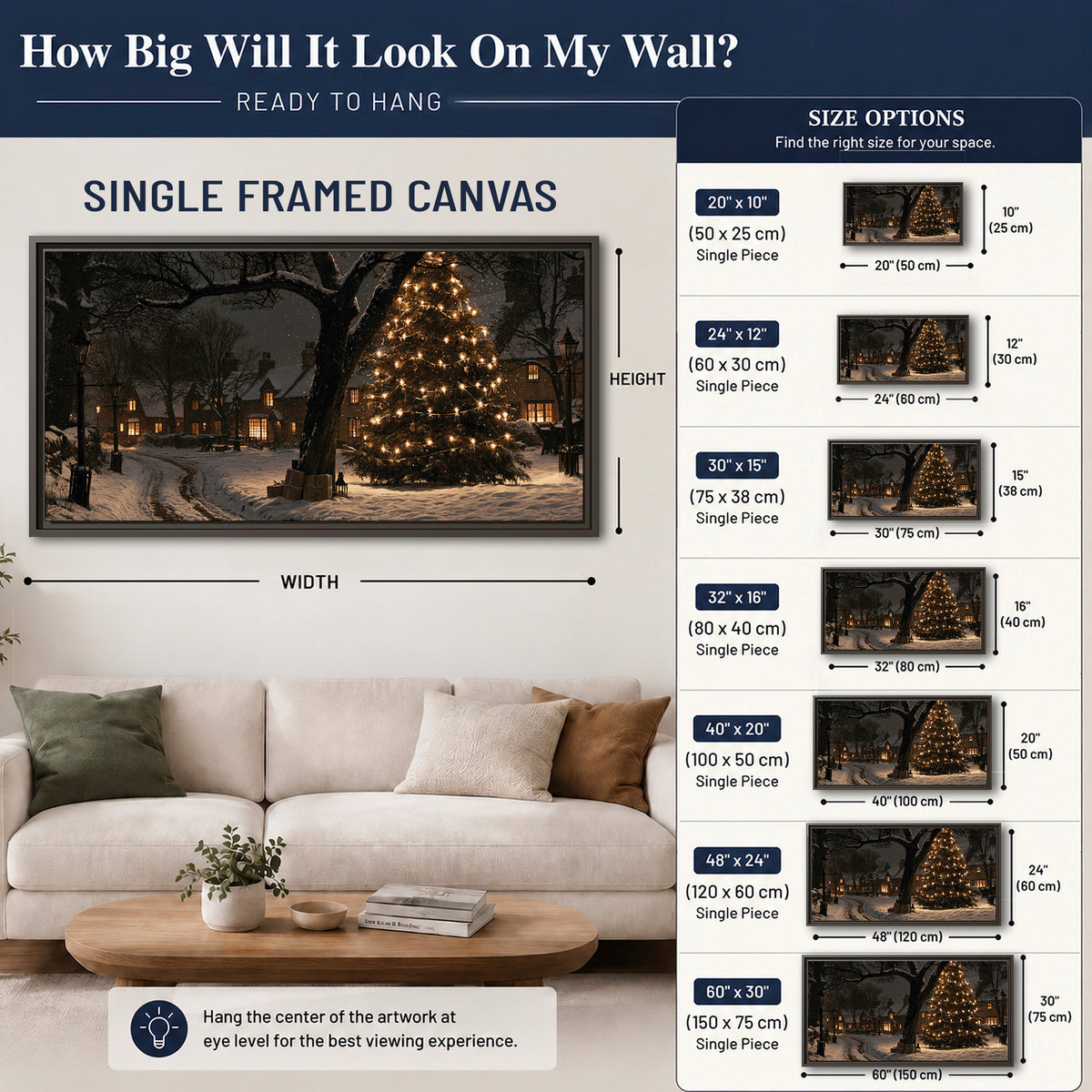 A tall illuminated Christmas tree beneath dark branches beside warmly lit snowy cottages single framed canvas wall art size guide above a sofa; room view is illustrative