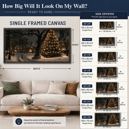 A tall illuminated Christmas tree beneath dark branches beside warmly lit snowy cottages single framed canvas wall art size guide above a sofa; room view is illustrative