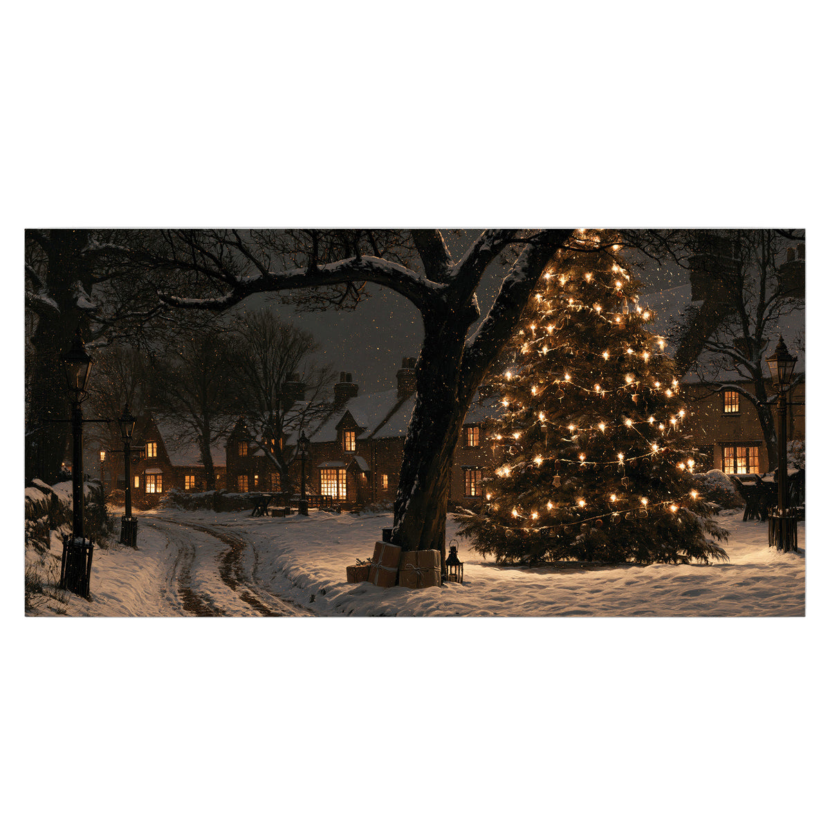 A tall illuminated Christmas tree beneath dark branches beside warmly lit snowy cottages single poster print viewed straight on