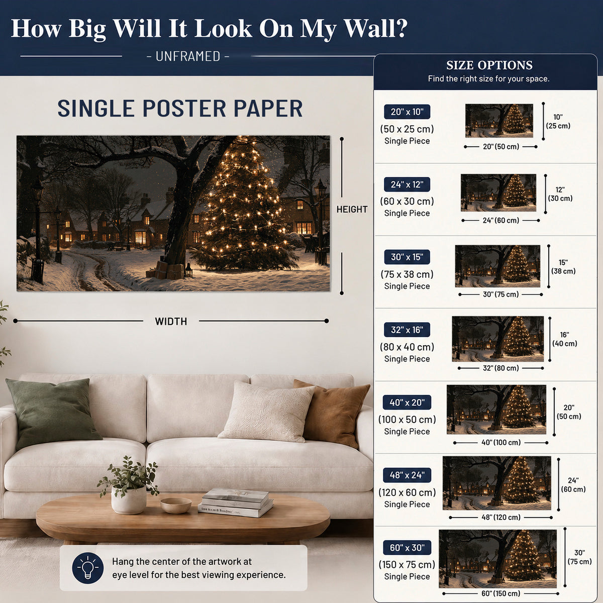 A tall illuminated Christmas tree beneath dark branches beside warmly lit snowy cottages single poster print size guide above a sofa; room view is illustrative