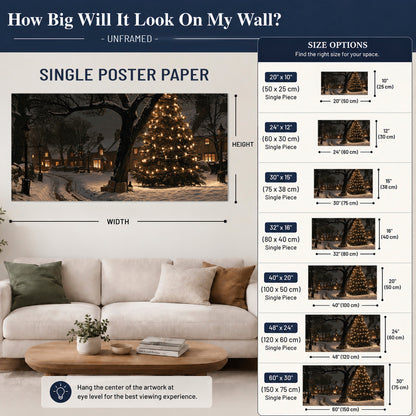A tall illuminated Christmas tree beneath dark branches beside warmly lit snowy cottages single poster print size guide above a sofa; room view is illustrative