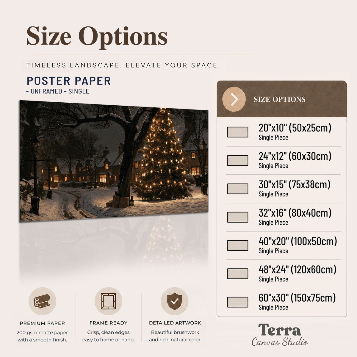 A tall illuminated Christmas tree beneath dark branches beside warmly lit snowy cottages single poster print available dimensions