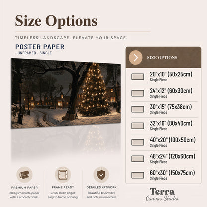 A tall illuminated Christmas tree beneath dark branches beside warmly lit snowy cottages single poster print available dimensions