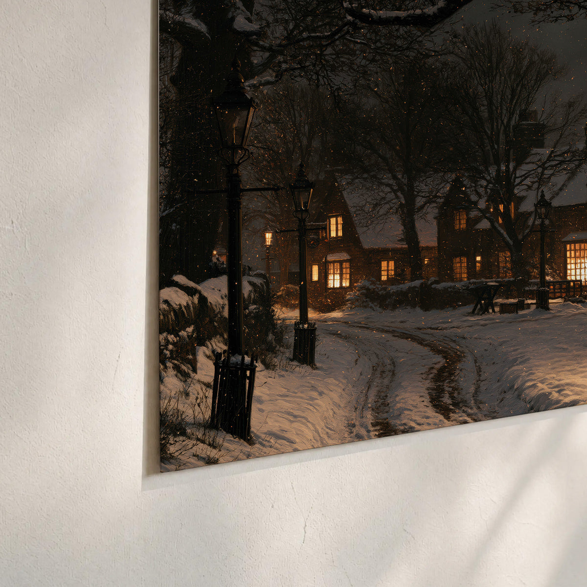 A tall illuminated Christmas tree beneath dark branches beside warmly lit snowy cottages set of 3 poster prints material and edge close up
