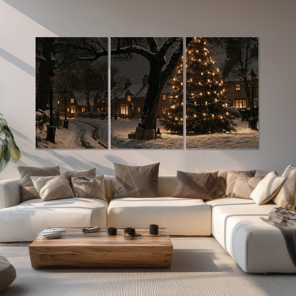 A tall illuminated Christmas tree beneath dark branches beside warmly lit snowy cottages set of 3 poster prints displayed in a living room