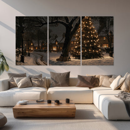A tall illuminated Christmas tree beneath dark branches beside warmly lit snowy cottages set of 3 poster prints displayed in a living room