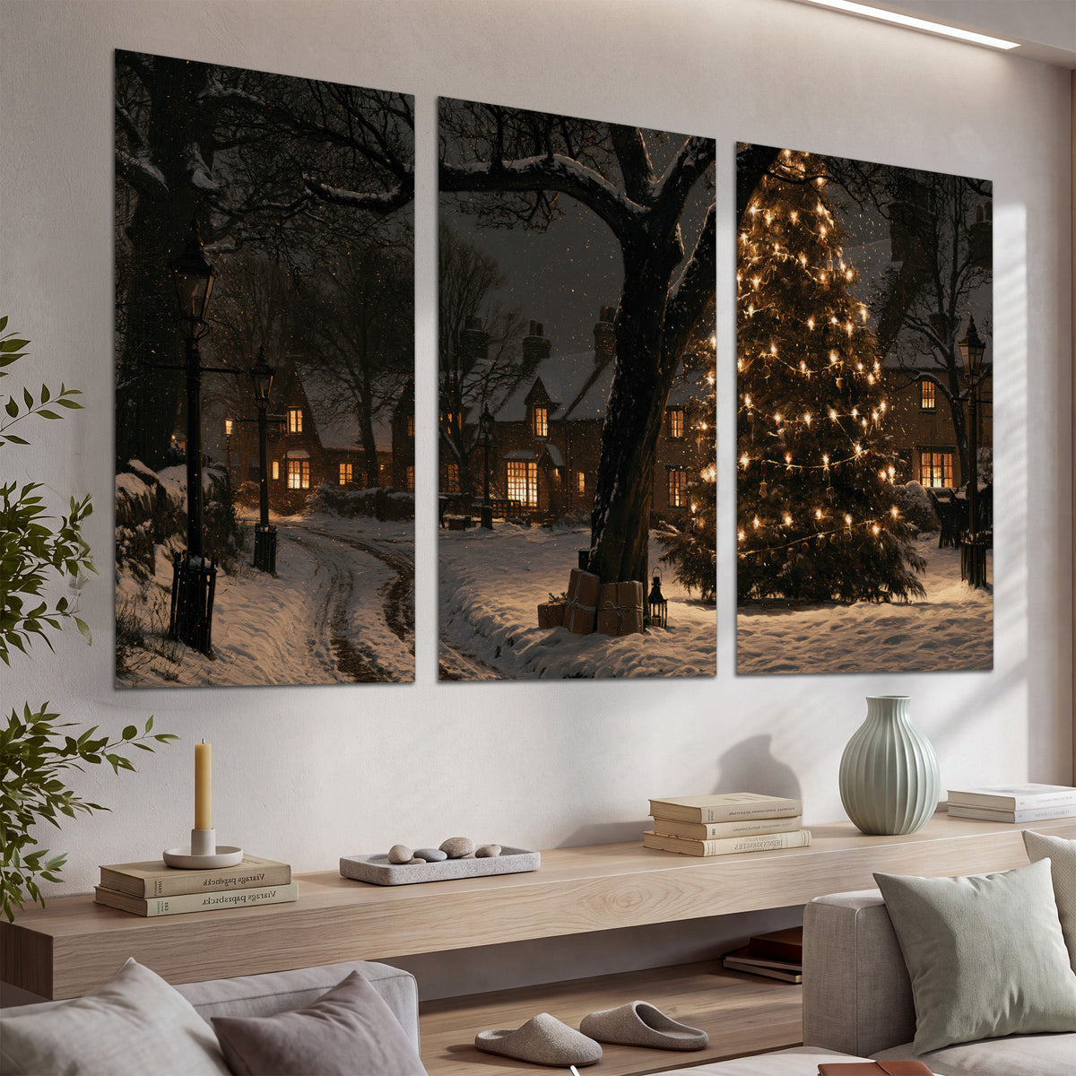 A tall illuminated Christmas tree beneath dark branches beside warmly lit snowy cottages set of 3 poster prints displayed in a console