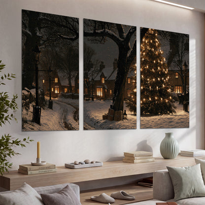 A tall illuminated Christmas tree beneath dark branches beside warmly lit snowy cottages set of 3 poster prints displayed in a console