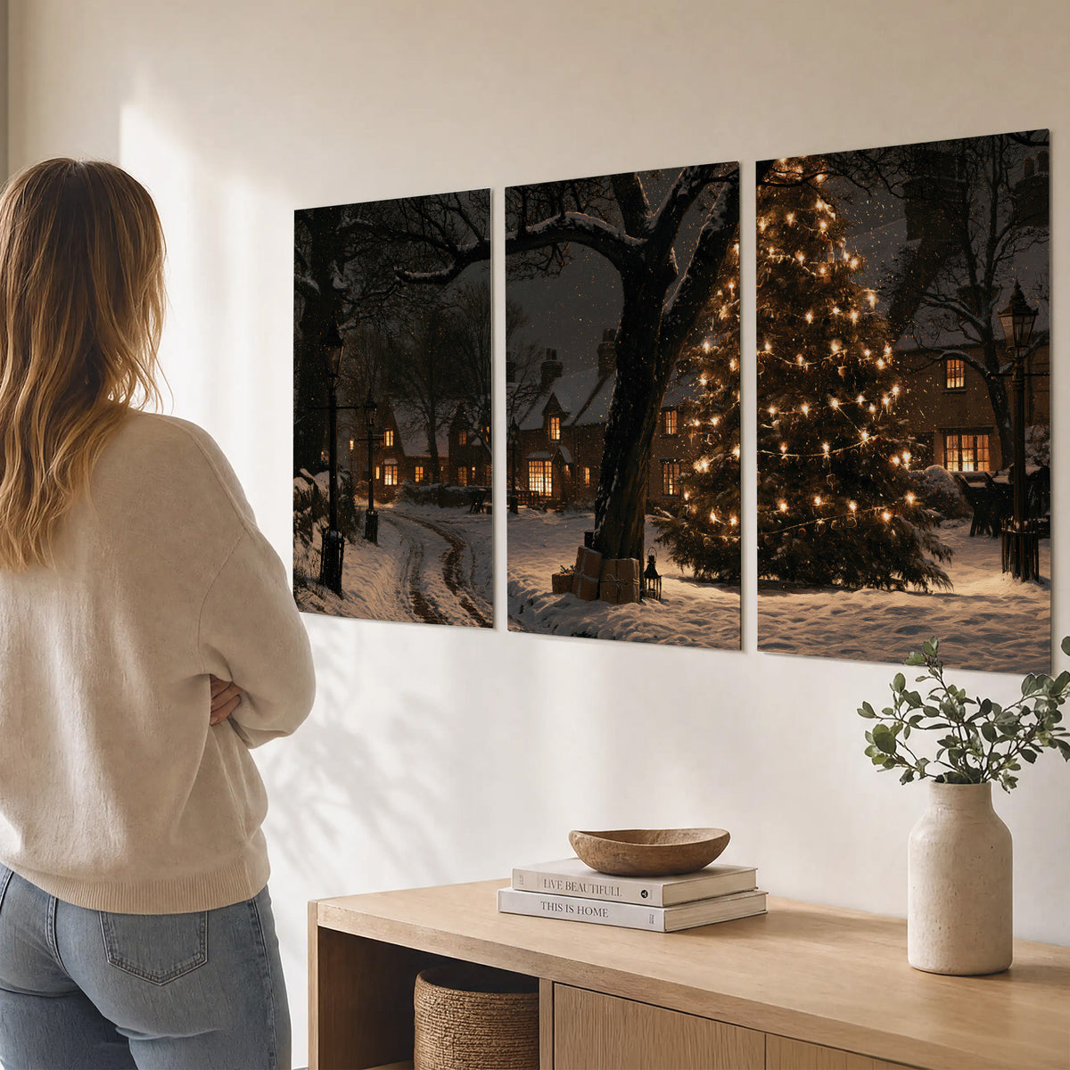 A tall illuminated Christmas tree beneath dark branches beside warmly lit snowy cottages set of 3 poster prints three panel arrangement on a wall