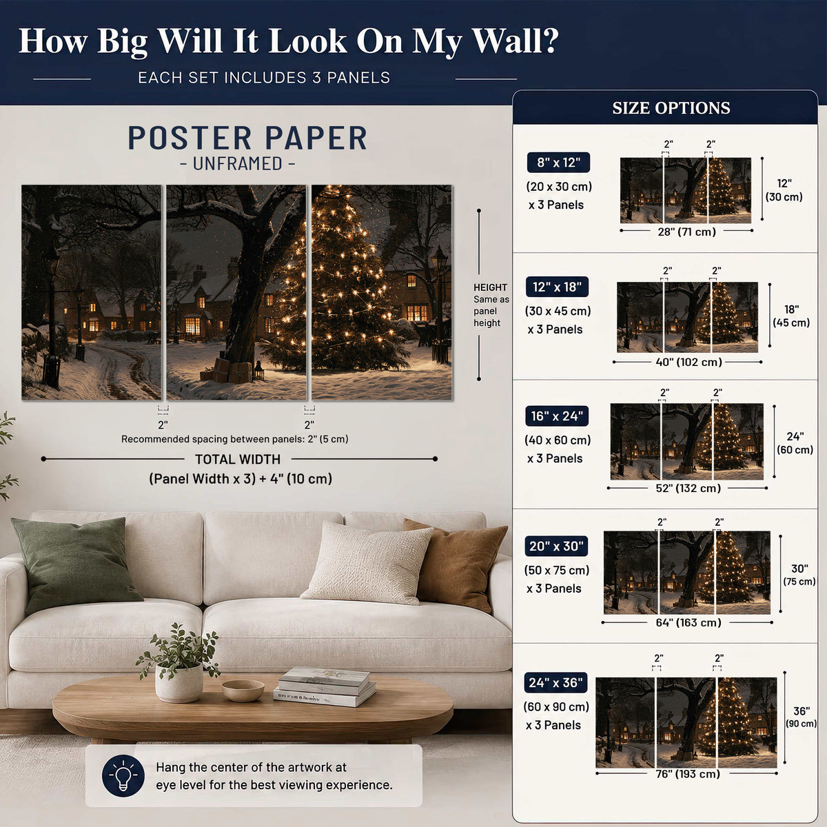 A tall illuminated Christmas tree beneath dark branches beside warmly lit snowy cottages set of 3 poster prints size guide above a sofa; room view is illustrative