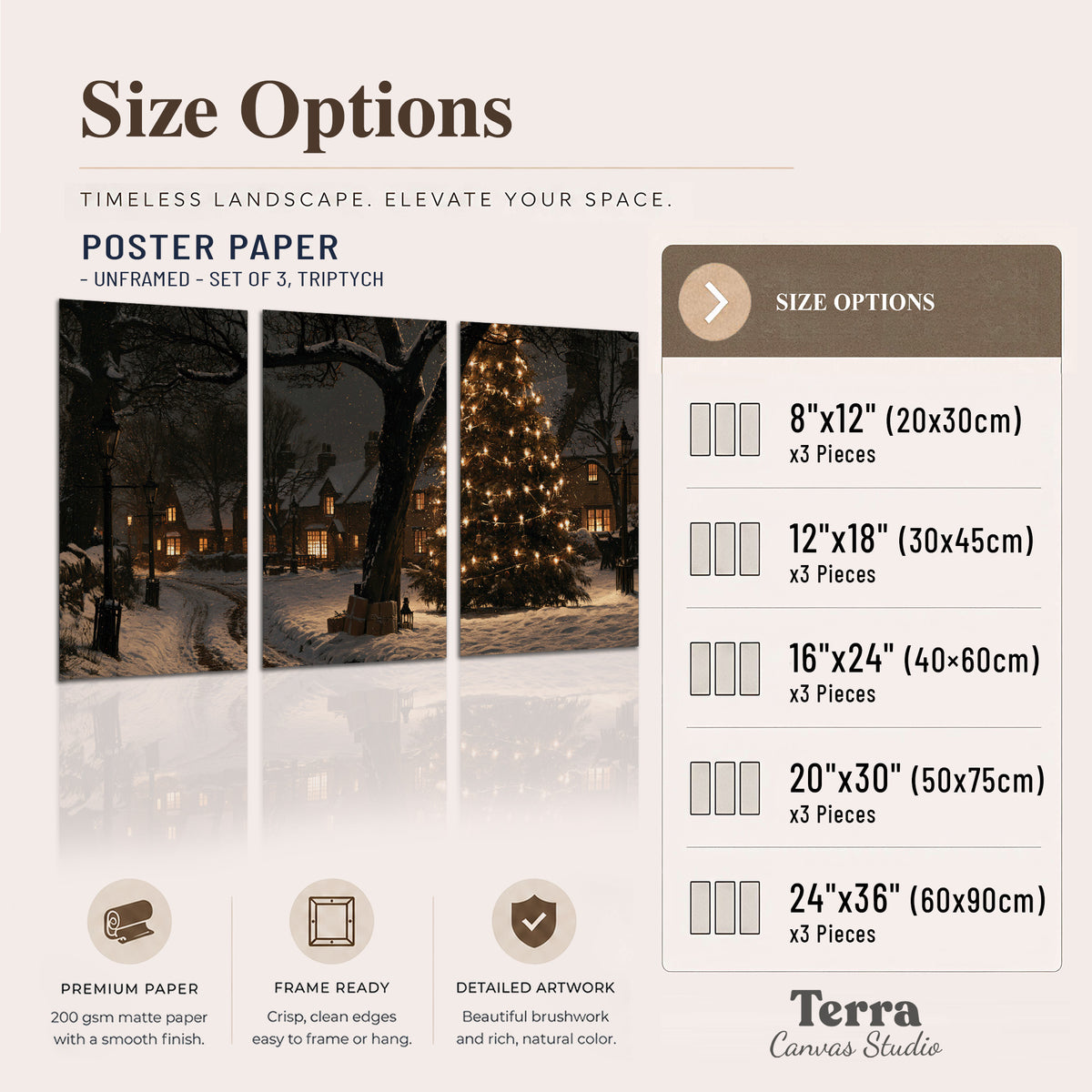 A tall illuminated Christmas tree beneath dark branches beside warmly lit snowy cottages set of 3 poster prints available dimensions; triptych dimensions are per panel