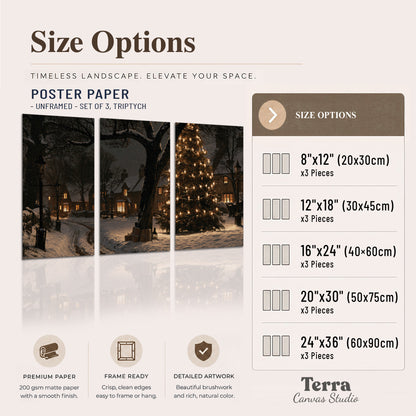A tall illuminated Christmas tree beneath dark branches beside warmly lit snowy cottages set of 3 poster prints available dimensions; triptych dimensions are per panel