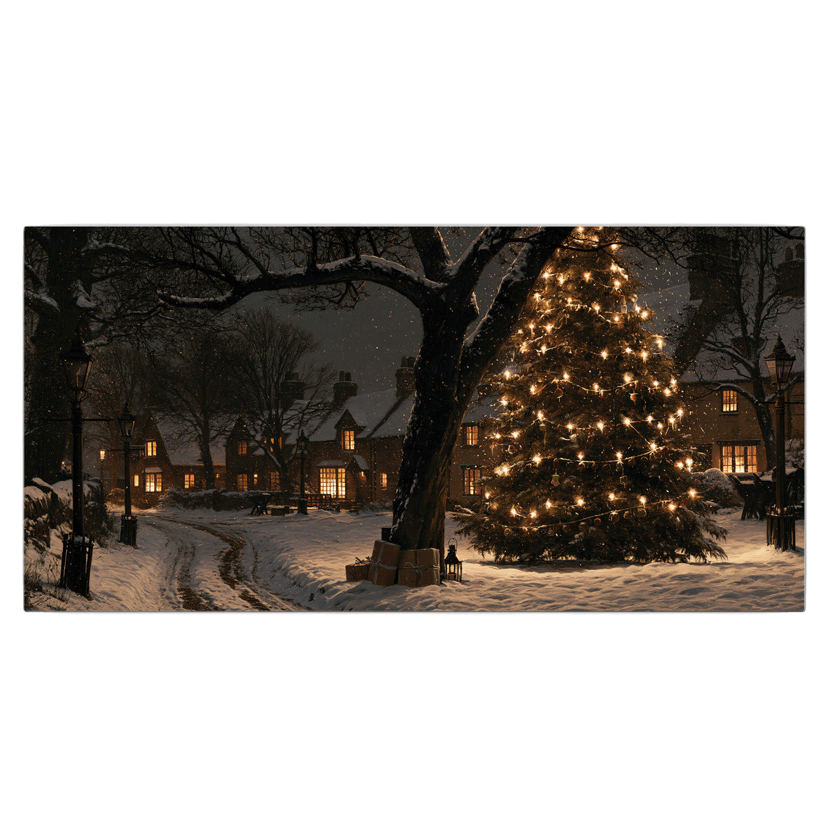 A tall illuminated Christmas tree beneath dark branches beside warmly lit snowy cottages single canvas wall art viewed straight on
