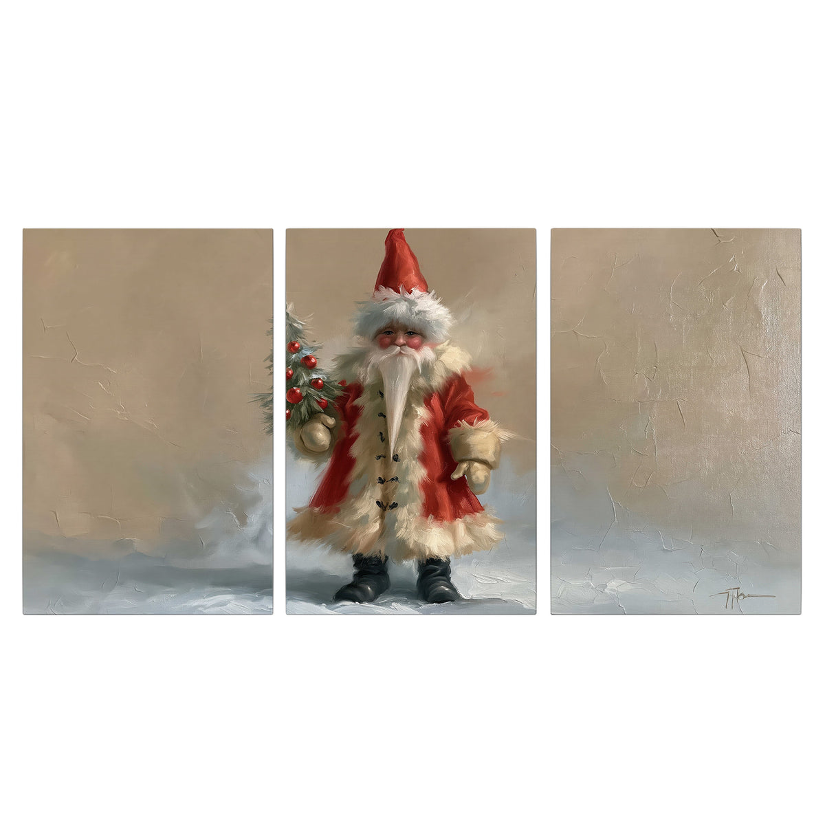 A small storybook Santa in a red coat holding a miniature Christmas tree against a soft neutral background 3 piece canvas wall art viewed straight on