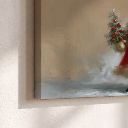 A small storybook Santa in a red coat holding a miniature Christmas tree against a soft neutral background 3 piece canvas wall art material and edge close up